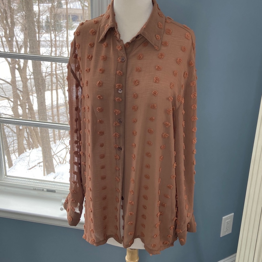 Brown Boho Blouse with Textured Dot Detail
